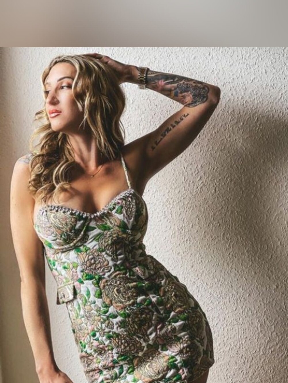Zara Green Floral Quilted Mini Dress with Gold Accents